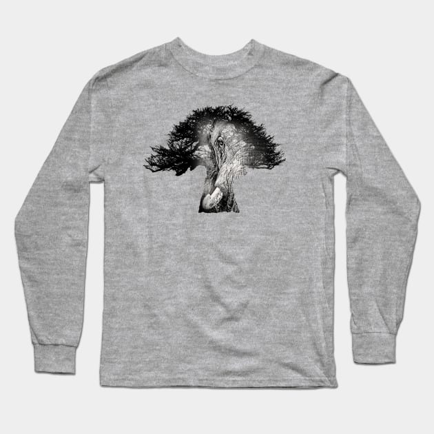Baobab in Silhouette with Elephant Face Overlay Long Sleeve T-Shirt by scotch